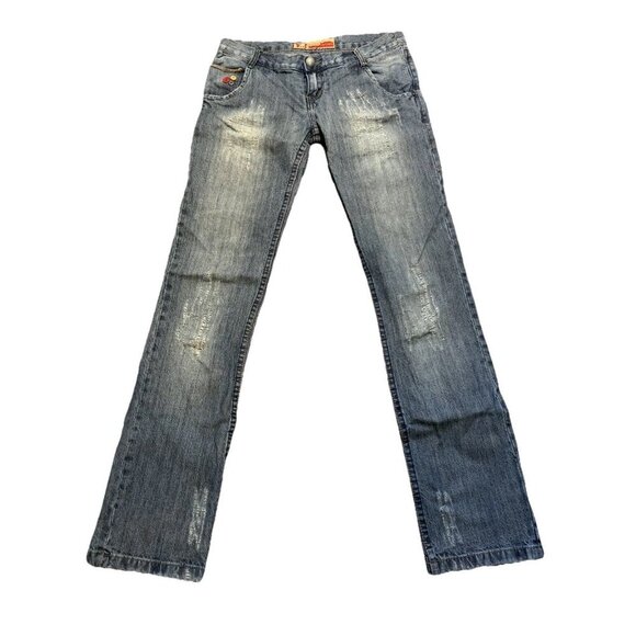 Yes!‎ Miss Jeans Women’s Size 29x30.5 Blue Low Rise Distressed Slim Straight Y2K - Picture 1 of 16